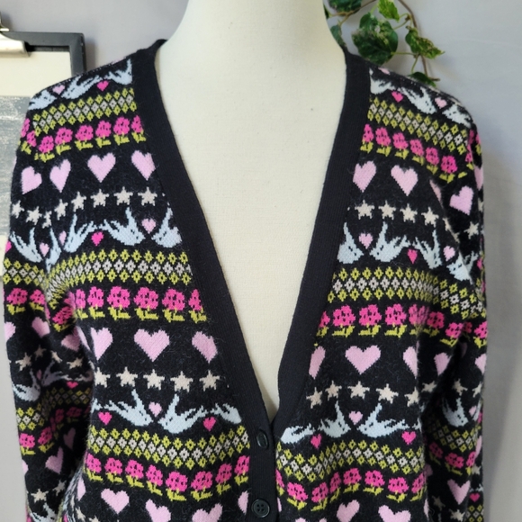 Anthropologie Maeve Hearts Dove Floral Cropped Novelty Cardigan Sweater L - Picture 4 of 14